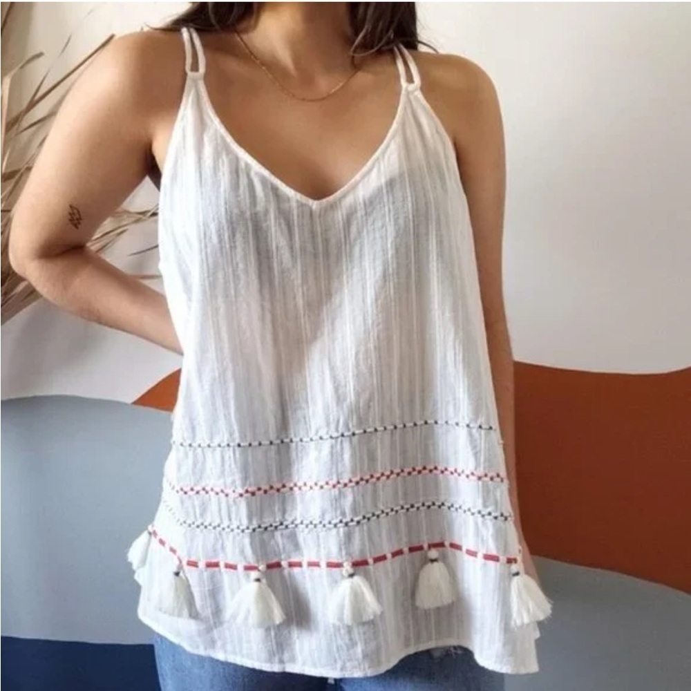 Lou & Grey White Tank Top Tassel Embroidered Details Size Small